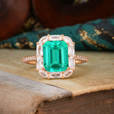 4CT Emerald Cut 8 Prong Emerald Engagement Ring Pave Halo Bridal Ring